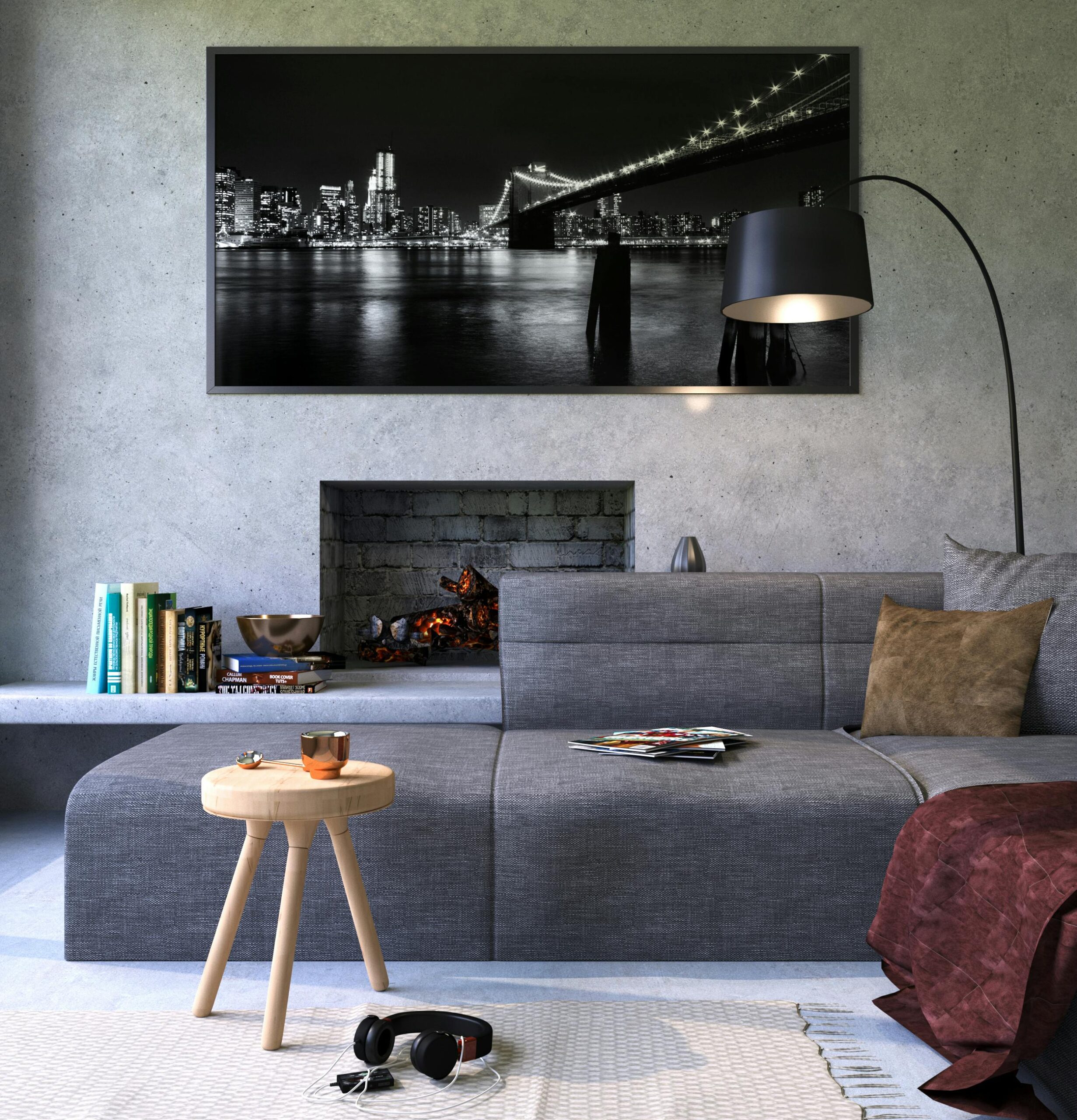 Modern gray living room featuring a fireplace and cityscape artwork, creating a cozy ambiance.